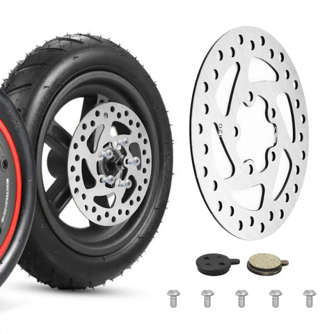120mm 5 Hole Stainless Steel Brake Disc With 2 Brake Pads For Electric Scooter And Bicycle Upgrades Compatible With M365 Pro And Pro2 Heavy Duty Rotor For Safer Smoother Braking And Easy Mod Install next to scooter wheel with screws