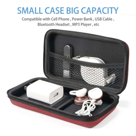 High-Impact Hard EVA Case For Power Bank Cell Phone Mesh Pocket Storage Bag Compact Travel Container with charger and earphones inside.