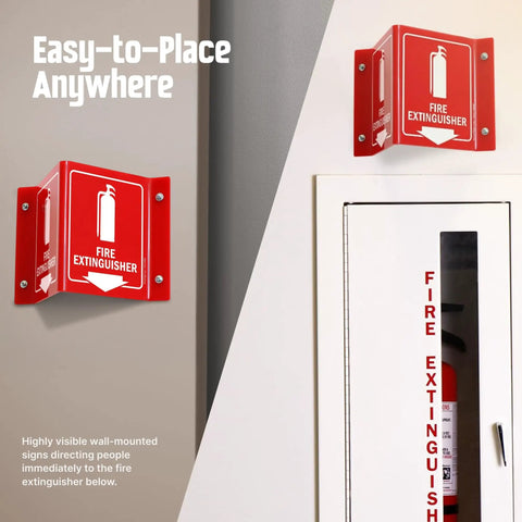 Projecting Fire Extinguisher Sign With Down Arrow, Two Sided Wall Mount Corridor V Sign, Polished Acrylic White On Red, 5 By 6 Inches, Easily Seen