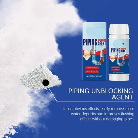 Three Piece Drain Cleaner Kit That Clears Kitchen Sinks, Bathrooms And Toilets Fast, Safe For All Pipe Types, Five Minute Blockage Solution For Hair, Grease, Soap Scum And Food Debris No Clog Drama, bottle and box packaging, powder shown.