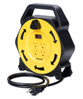 Retractable 25 Feet Extension Cord Reel With 4 Grounded Outlets And 13 Amp Breaker, 16/3 SJTW Cord, Yellow And Black