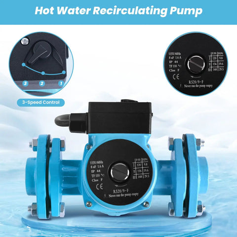 115V Hot Water Recirculating Pump 168W with 3Speed Settings and NPT 1 Inch Connections for Tank Heaters showcasing control panel and flow specs.