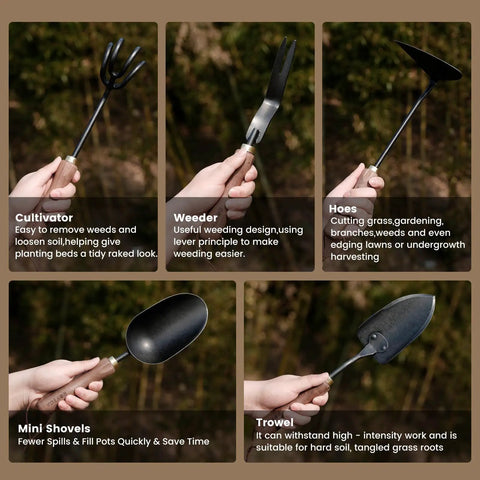 Five Piece Garden Tool Set With Stainless Steel Heads And Ergonomic Walnut Handles shown in hand use for gardening.