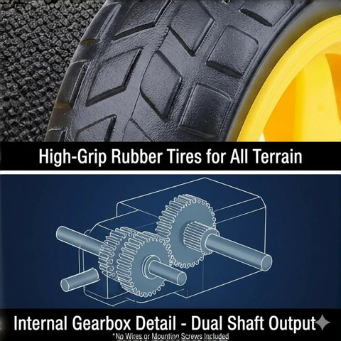Four Pack DC 3 To 6 Volt Dual Shaft Gear Motor And Wheel Kit With 200 RPM And 1 To 48 Gear Ratio 65 Millimeter Rubber Tires For Arduino Smart Car Chassis And DIY STEM Robotics Wires Not Included close-up view of rubber tire and dual shaft gearbox diagram