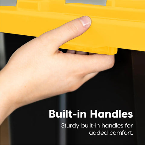 Hand holding yellow lid of Two Pack 27 Gallon Heavy Duty Storage Bins With Lockable Lids For Truck Bed Organization, built-in handle.