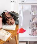 Sturdy Washable Hanging Closet Organizer With Eight Pockets Rocks For Keeping All Your Purses Handbags And Accessories Neat While Saving Tons Of Space In Your Wardrobe. Image shows a before and after of purses disorganized and then neatly stored.