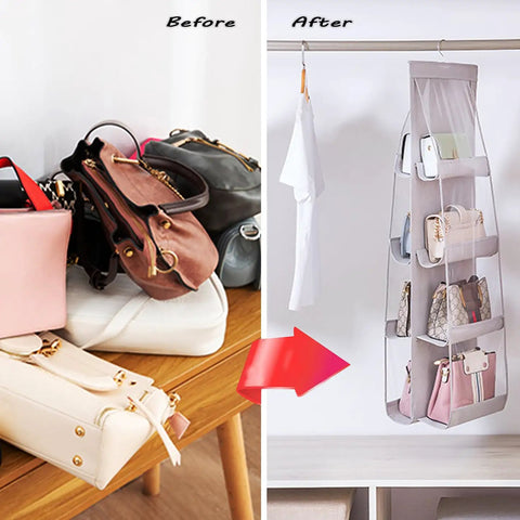 Sturdy Washable Hanging Closet Organizer With Eight Pockets Rocks For Keeping All Your Purses Handbags And Accessories Neat While Saving Tons Of Space In Your Wardrobe. Image shows a before and after of purses disorganized and then neatly stored.