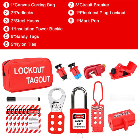 Pro Grade Lockout Tagout Kit Built Damn Tough For Ultimate Job Site Safety Featuring Universal Circuit Breaker Lockouts Heavy Duty Hasps And Clear Warning Tags For Easy OSHA Compliant Electrical Maintenance