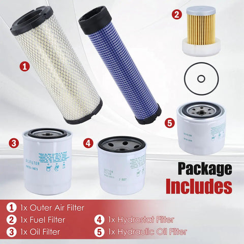 Beefed Up All In One Maintenance Filter Kit For Kubota L Series Tractors with oil, fuel, air, and hydraulic filters displayed.