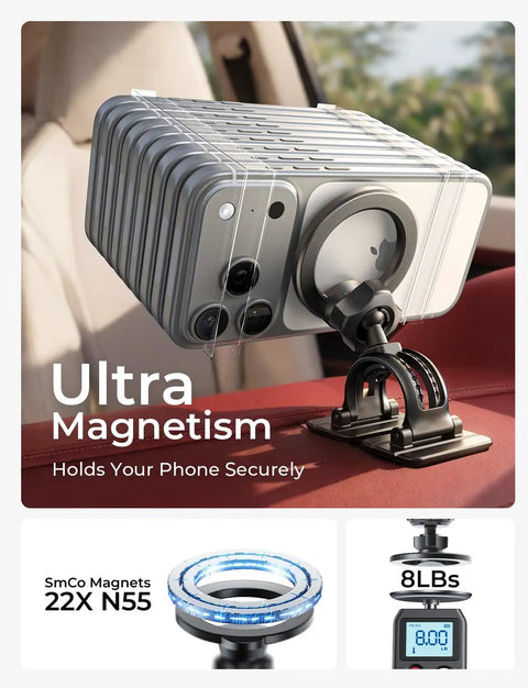 MagSafe Car Mount 2 In 1 Vent Clip Or Dashboard Mount For iPhone 16 15 14 13 12 Pro Plus Mini Ultra 2025 Magnetic Holder With 360 Degree Rotation Hands Free One Hand Access Secure Grip Black, shown holding multiple iPhones securely in a car interior.