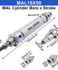 16mm Bore Pneumatic Cylinder With 50mm Stroke, double acting, MAL16x50, aluminum body, with Y connector and quick fittings shown