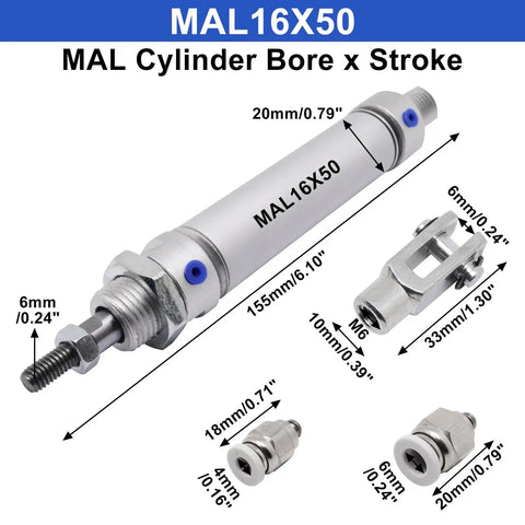 16mm Bore Pneumatic Cylinder With 50mm Stroke, double acting, MAL16x50, aluminum body, with Y connector and quick fittings shown