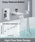 Wall Mount Bathtub Faucet With Handheld Sprayer And Waterfall Tub Filler Single Handle Chrome Finish Modern Bathroom