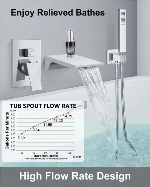 Wall Mount Bathtub Faucet With Handheld Sprayer And Waterfall Tub Filler Single Handle Chrome Finish Modern Bathroom