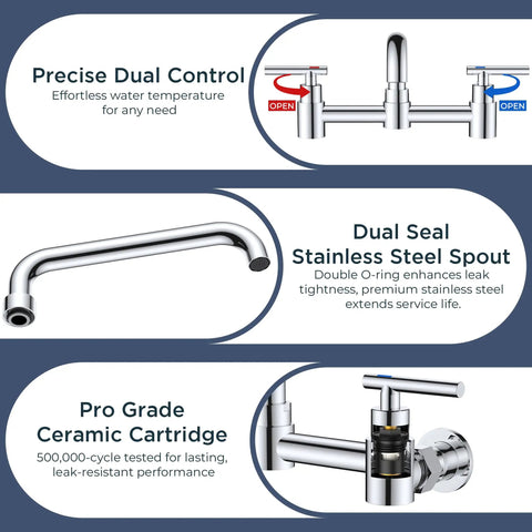 Heavy Duty Wall Mount Kitchen Faucet With Dual Handles In Classic Chrome, showing dual control, stainless steel spout, and ceramic cartridge.