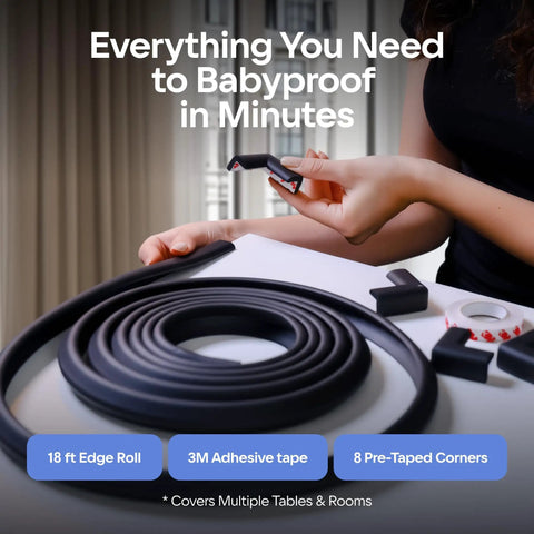 Baby Proof Corner Guards For Tables And Edges With 18 Ft Bumper And 8 Cushion Foam Protectors, shown with adhesive tape