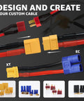 70-Piece RC Connector Kit With T Plug XT60 XT90 EC3 EC5 Male And Female Adapters shown with wires and connectors.