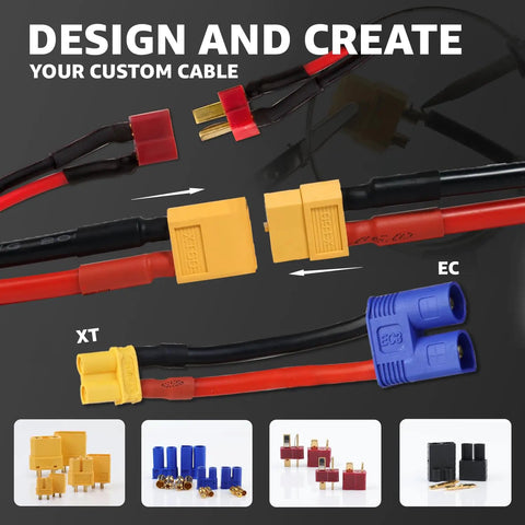 70-Piece RC Connector Kit With T Plug XT60 XT90 EC3 EC5 Male And Female Adapters shown with wires and connectors.