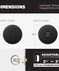 Dimensions showing front and back of Matte Black Entry Door Knob with Lock and Key, Pick Resistant SmartKey Rekey Security.
