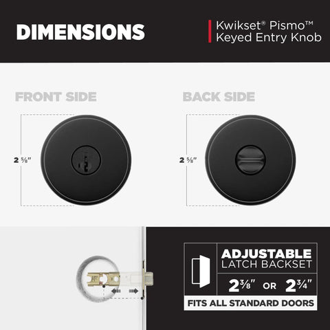Dimensions showing front and back of Matte Black Entry Door Knob with Lock and Key, Pick Resistant SmartKey Rekey Security.