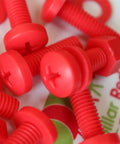 Top Tier Red Polypropylene Pan Head Cross Recess Fasteners M6 X 20mm Set Includes Matching Nuts And Washers in close-up view.