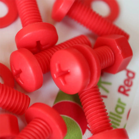 Top Tier Red Polypropylene Pan Head Cross Recess Fasteners M6 X 20mm Set Includes Matching Nuts And Washers in close-up view.