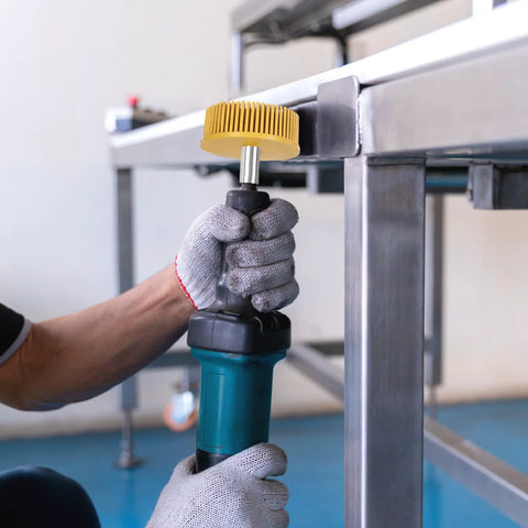 HARFINGTON 2-inch bristle disc installed on a cordless drill for metal deburring; yellow abrasive brush