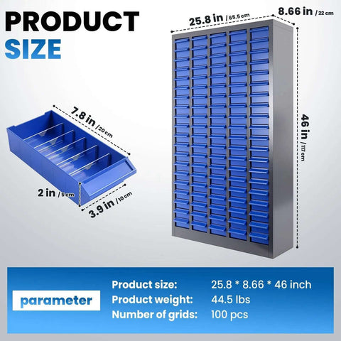 100 Drawer Parts Cabinet For Tools And Hardware Organization With Alloy Steel Frame And ABS Drawers In Silver And Blue Finish