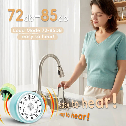 Woman using Go To Visual Kitchen Timer for Cooking 0-60 Minutes, Mechanical Magnetic Timer with Loud Alarm, Blue, at sink.