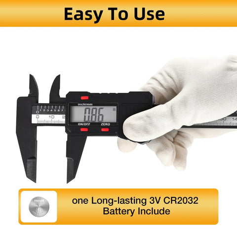 Six Inch Digital Caliper for Precise DIY and Machining, Quick Inch or Millimeter Switch, Four Measurement Modes, Rugged Carbon Fiber Composite Housing, Portable 0 to 6 Inches (0-150 mm), 0.01 Inch (0.1 mm) Resolution, High Accuracy, digital caliper in hand
