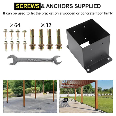 Heavy Duty 6x6 Post Base Brackets 8 Pack Built From 14 Gauge Steel With Black Powder Coat shown with bolts, anchors, and wrench.