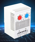 Adjustable Mechanical Thermostat Switch For Industrial Use, Built Tough, Impact Resistant Housing, 35mm DIN Rail Mount, Front View