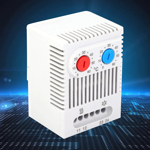 Adjustable Mechanical Thermostat Switch For Industrial Use, Built Tough, Impact Resistant Housing, 35mm DIN Rail Mount, Front View