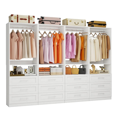 Customizable Four Piece Closet System With Twelve Wooden Drawers And Open Shelves Expands From Eight To Twenty One Feet with dresses and accessories.