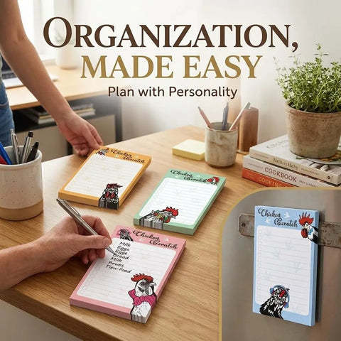Chicken Themed Sticky Notes Set 4x6 Inches 200 Sheets Total Cute Rooster Paw Print Design on a desk with stationery and a plant