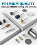 302Piece Rotary Tool Accessories Kit With One Eighth Inch Shanks showing cutting, sanding bits on display with focus on stability and quality.