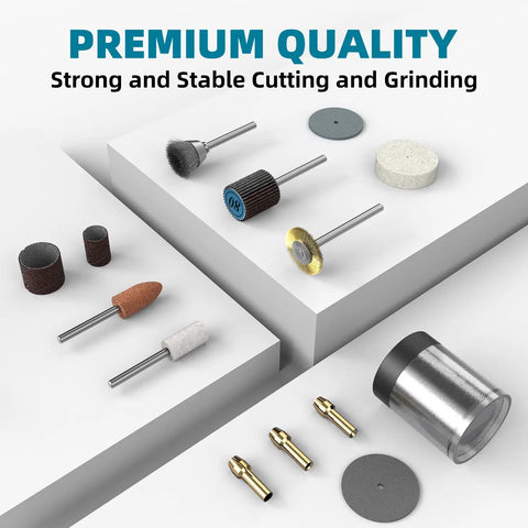 302Piece Rotary Tool Accessories Kit With One Eighth Inch Shanks showing cutting, sanding bits on display with focus on stability and quality.