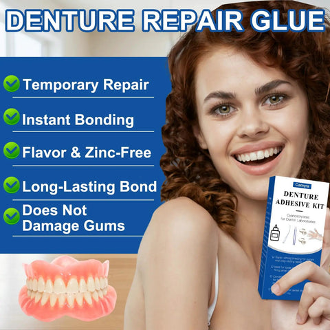 Smiling person holding denture adhesive kit, displaying Instant Bonding Denture Glue For At Home Fixes features, denture model visible
