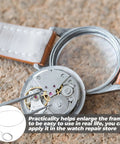 Watch movement being repaired with a Three Pack Wire Loupe Holder Adjustable Magnifier Bracket For Watch Repair And Jewelry Making Durable Steel Eye Loupe Mount Secure Hands Free Magnification Accessory For Small Loupes visible.