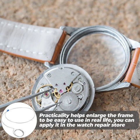 Watch movement being repaired with a Three Pack Wire Loupe Holder Adjustable Magnifier Bracket For Watch Repair And Jewelry Making Durable Steel Eye Loupe Mount Secure Hands Free Magnification Accessory For Small Loupes visible.