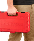Person holding a red case containing Pro Grade Three Eighths Inch Drive Deep Six Point Impact Socket Set, 37-Piece Pack