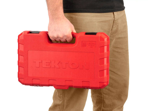 Person holding a red case containing Pro Grade Three Eighths Inch Drive Deep Six Point Impact Socket Set, 37-Piece Pack