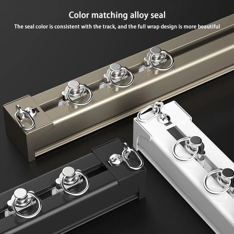 Solid As A Rock Aluminum Sliding Barn Door Rail Kit One Lane Track with alloy seals in black, white, and gold finishes.