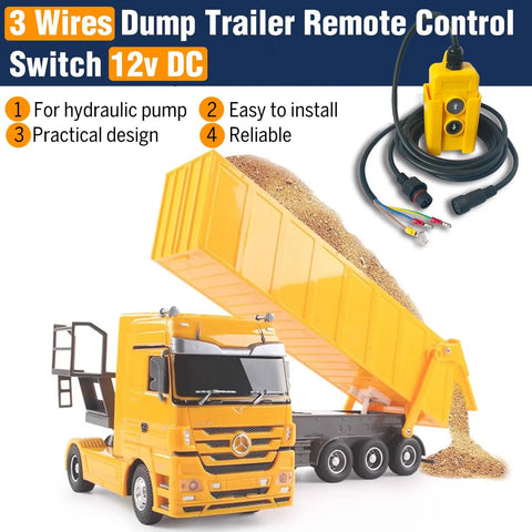 3 Wire Dump Trailer Remote Control Switch 12V DC with hydraulic pump, shown with truck and trailer model, 15ft cable