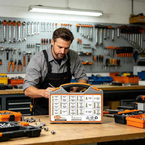 Man working in workshop with Built Tough Grade 8 SAE Bolt Kit With Storage Box on table