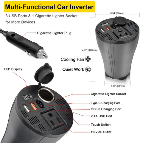 Sweet Upgrade 150W Car Power Inverter transforms DC 12V to AC 110V with USB ports and cigarette lighter socket.