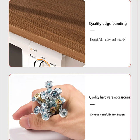 Kickass Heavy Duty Kitchen Storage Rack Handling Everyday Essentials From Microwaves To Pantry Items, showing quality edge banding and screws.