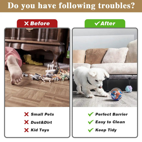 Before and after comparison of using Real Deal Pet Proof Under Couch Barrier Stops Sneaky Dogs And Cats From Hiding Under Furniture.
