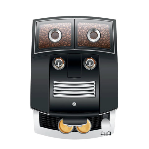 Hella Smooth Super Automatic Bean To Cup Coffee Maker Featuring Integrated Twin Boiler And Sweet Foam Dispenser Setup Plus Huge Angled Touchscreen Panel For A Slick Kitchen Flex On Demand, view from above showing dual bean hoppers.