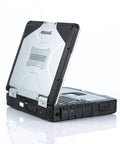 Toughbook CF31 MK3 Badass Rugged Laptop featuring heavy duty armor in silver and black, partially opened view.
